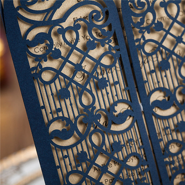 Elegant navy blue laser cut wedding invitations with equisite engraving LC010_5