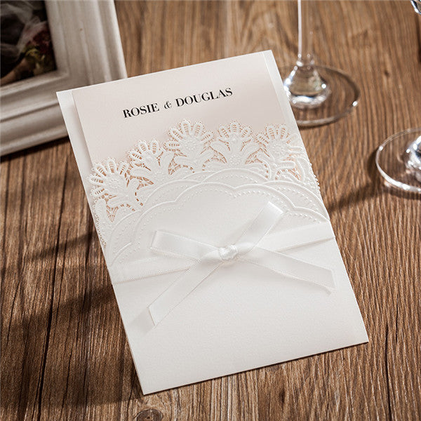 Elegant white pocket laser cut wedding invitations with lovely flowers LC029_1