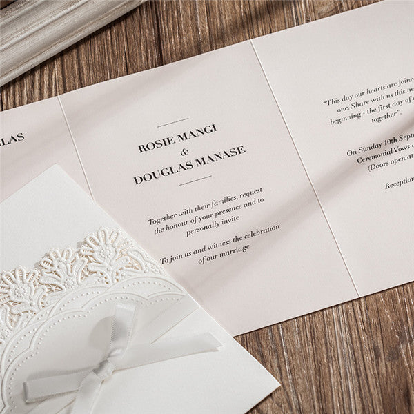 Elegant white pocket laser cut wedding invitations with lovely flowers LC029_3