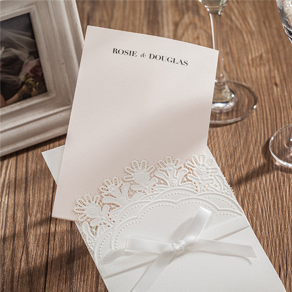Elegant white pocket laser cut wedding invitations with lovely flowers LC029_4