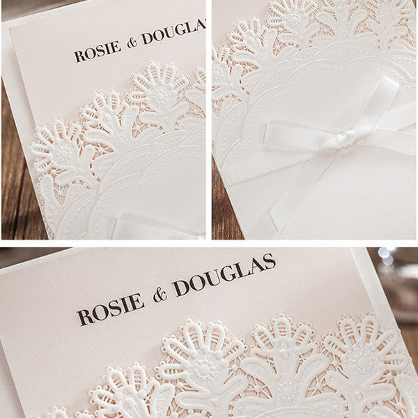 Elegant white pocket laser cut wedding invitations with lovely flowers LC029_6