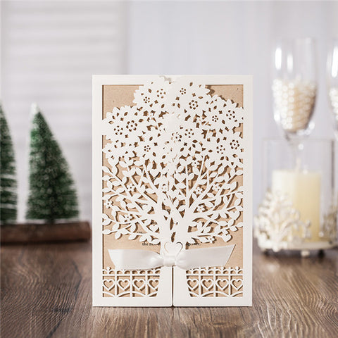 Elegant white tree laser cut wedding invitations with ribbons LC015_1
