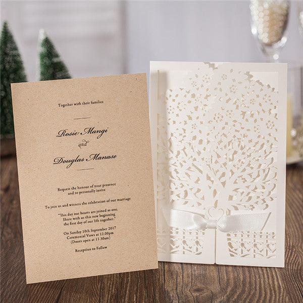 Elegant white tree laser cut wedding invitations with ribbons LC015_2