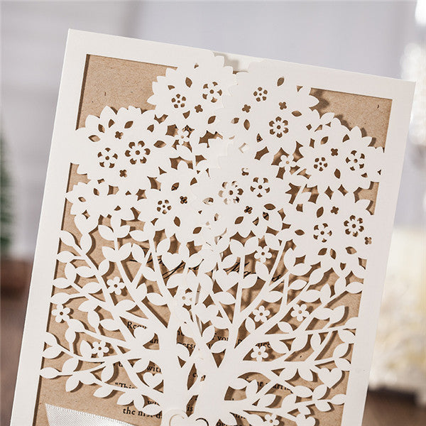 Elegant white tree laser cut wedding invitations with ribbons LC015_3