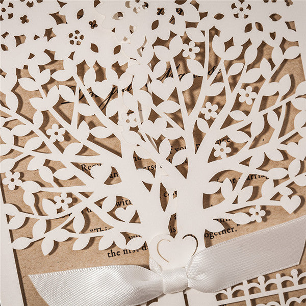 Elegant white tree laser cut wedding invitations with ribbons LC015_5