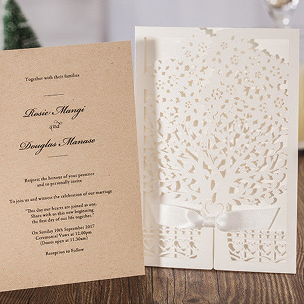 Elegant white tree laser cut wedding invitations with ribbons LC015_6