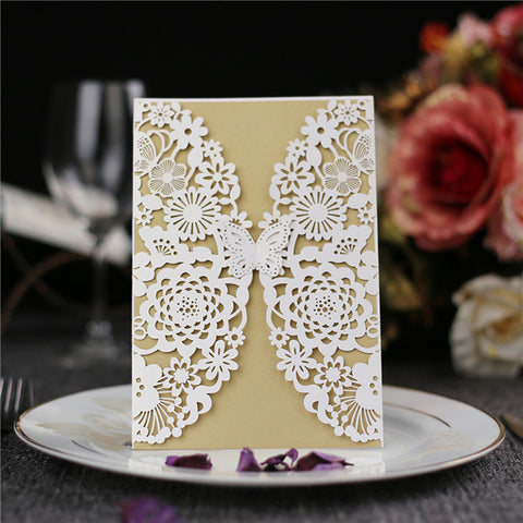 Elgant Butterfly Shape laser cut wedding invitations with gold inner cards LC045_1