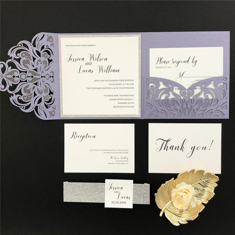 Equisite Purple Fold Laser Cut Wedding Invitation with Silver Glittery Backer and Belly Band Lcz065 (1)