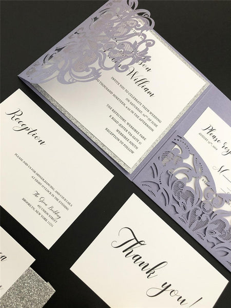 Equisite Purple Fold Laser Cut Wedding Invitation with Silver Glittery Backer and Belly Band Lcz065 (4)
