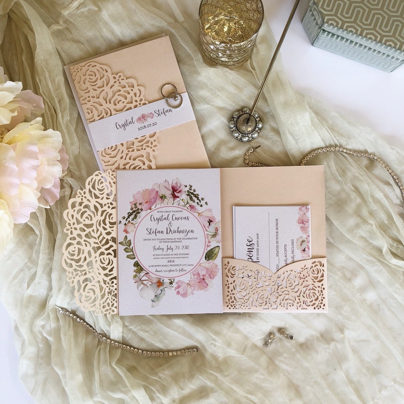 Exquisite Blush Shimmer and White Shimmer Laser Cut Wedding Invitation (1)