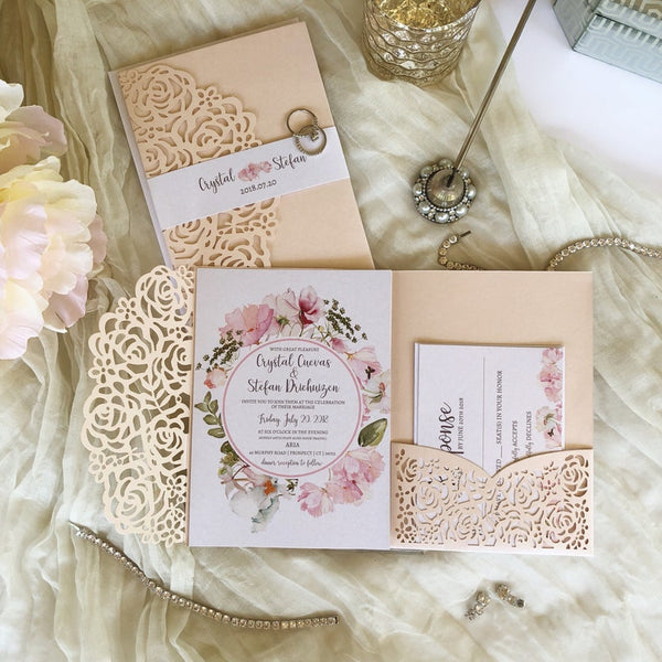Exquisite Blush Shimmer and White Shimmer Laser Cut Wedding Invitation (3)