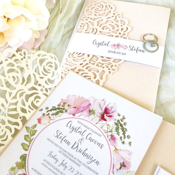 Exquisite Blush Shimmer and White Shimmer Laser Cut Wedding Invitation (5)