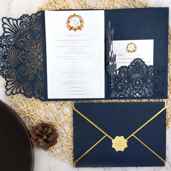 Exquisite Navy Pop up Laser Cut Wedding Invitations with Monogram and Floral Pattern Lcz087 (1)