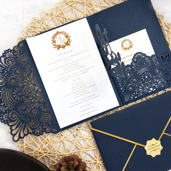 Exquisite Navy Pop up Laser Cut Wedding Invitations with Monogram and Floral Pattern Lcz087 (2)