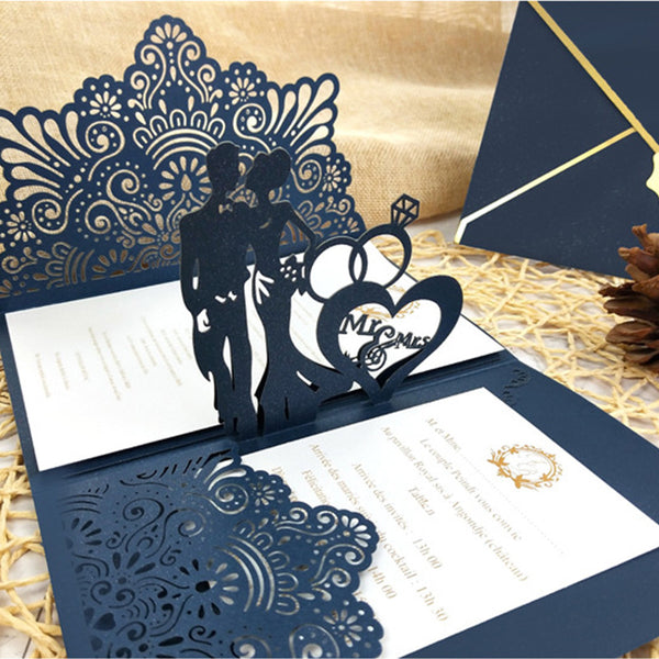 Exquisite Navy Pop up Laser Cut Wedding Invitations with Monogram and Floral Pattern Lcz087 (4)