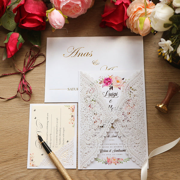 Exquisite and Creative Ivory Laser Cut Wedding Invitations with Lace Designs Lcz044 (2)