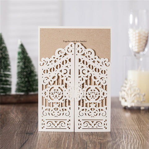 Exquisite three-folded white laser cut wedding invitations with gorgeous design LC074 (1)