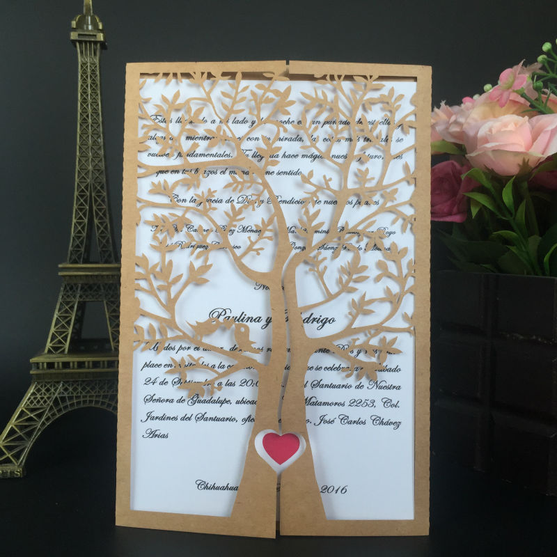 Eye-catching Tree Laser Cut Wedding Invitations with Romantic Heart and Ribbon Lcz053 (4)
