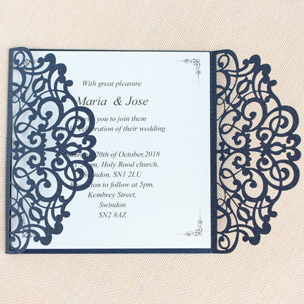Fall winter navy blue laser cut wedding invitations
