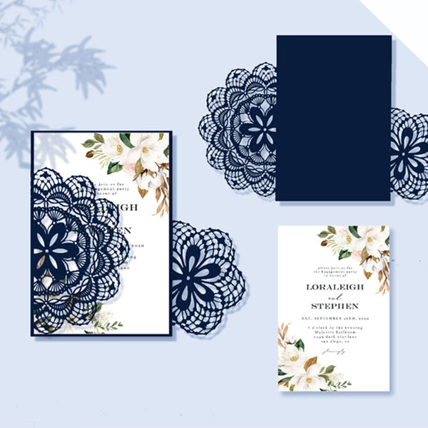 Fancy Asymmetric Navy Blue Laser Cut Wedding Invitations with Refreshing Floral Pattern Lcz057 (2)