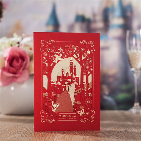 Festive red and gold laser cut wedding invitations with hugging couples LC077 (1)