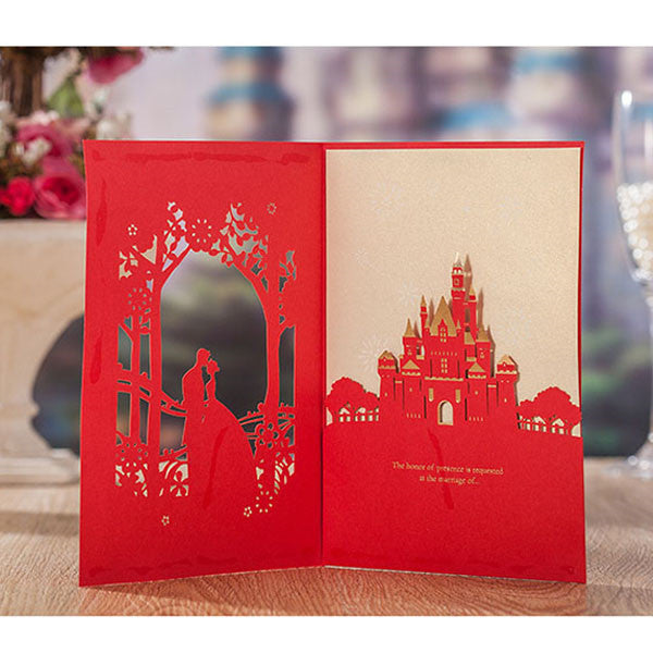 Festive red and gold laser cut wedding invitations with hugging couples LC077 (3)