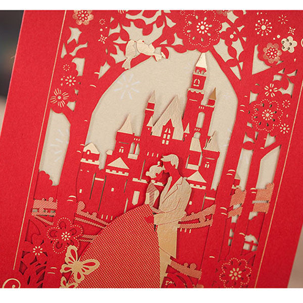 Festive red and gold laser cut wedding invitations with hugging couples LC077 (4)