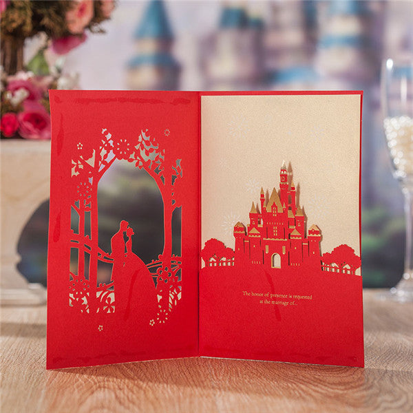 Festive red and gold laser cut wedding invitations with hugging couples LC077 (5)