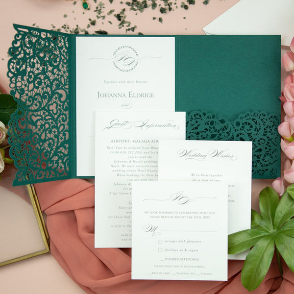 Forest Green Lser Cut Wedding Invitations with Pocket (1)