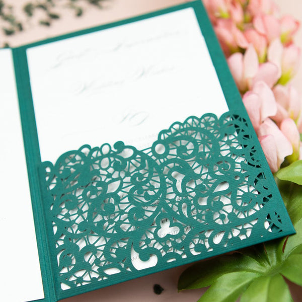 Forest Green Lser Cut Wedding Invitations with Pocket (2)