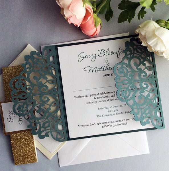Formal Greenery Square Elegant Lace Laser Cut Wedding Invitation with Gate (1)