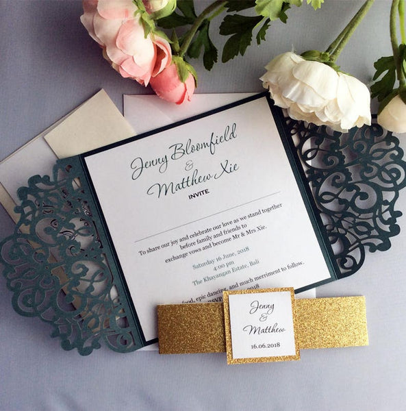 Formal Greenery Square Elegant Lace Laser Cut Wedding Invitation with Gate (2)