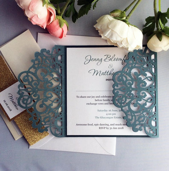 Formal Greenery Square Elegant Lace Laser Cut Wedding Invitation with Gate (3)