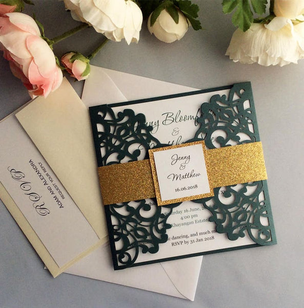 Formal Greenery Square Elegant Lace Laser Cut Wedding Invitation with Gate