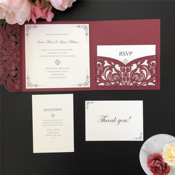 Formal Square Burgundy Laser Cut Wedding Invitations with Simple White Inner Card Lcz061 (1)