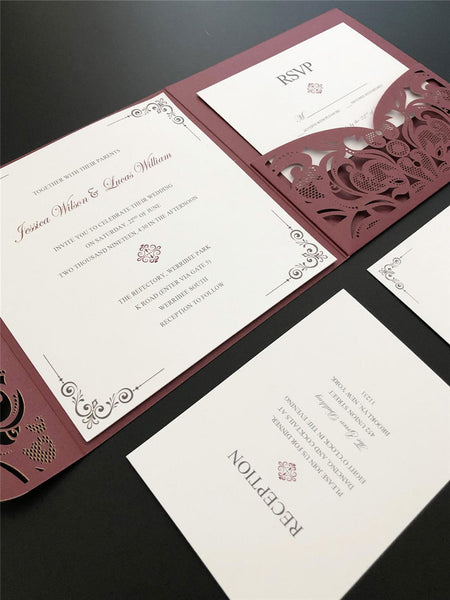 Formal Square Burgundy Laser Cut Wedding Invitations with Simple White Inner Card Lcz061 (2)
