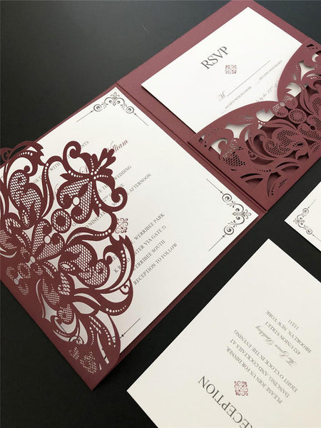 Formal Square Burgundy Laser Cut Wedding Invitations with Simple White Inner Card Lcz061 (3)