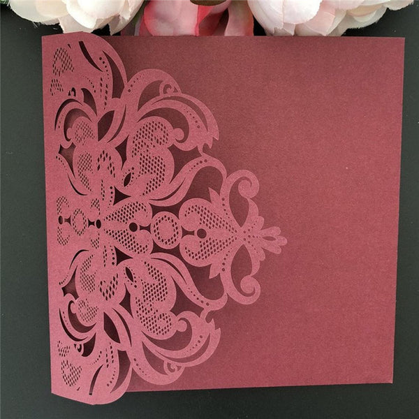 Formal Square Burgundy Laser Cut Wedding Invitations with Simple White Inner Card Lcz061 (4)