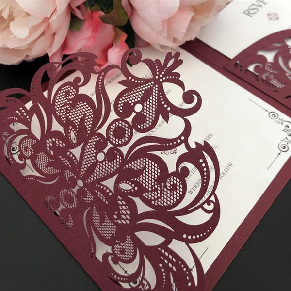 Formal Square Burgundy Laser Cut Wedding Invitations with Simple White Inner Card Lcz061 (5)