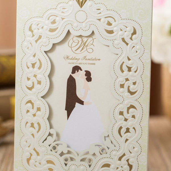 Framed Ivory Laser Cut Wedding Invitations with Couples' Photo and Gold Inlay Lcz100 (3)