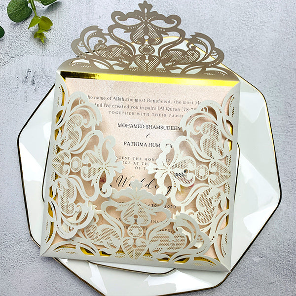 Framed in Ivory Laser Cut Wedding Invitations with Gold Belly Band Lcz029 (2)