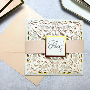 Framed in Ivory Laser Cut Wedding Invitations with Gold Belly Band Lcz029 (3)