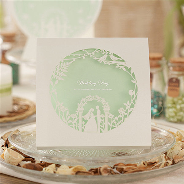 Funny white and mint laser cut wedding invitations with love brids LC023_1