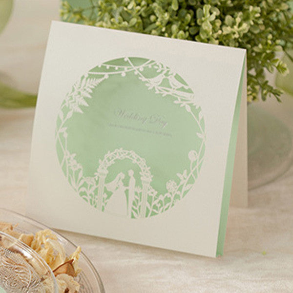 Funny white and mint laser cut wedding invitations with love brids LC023_3
