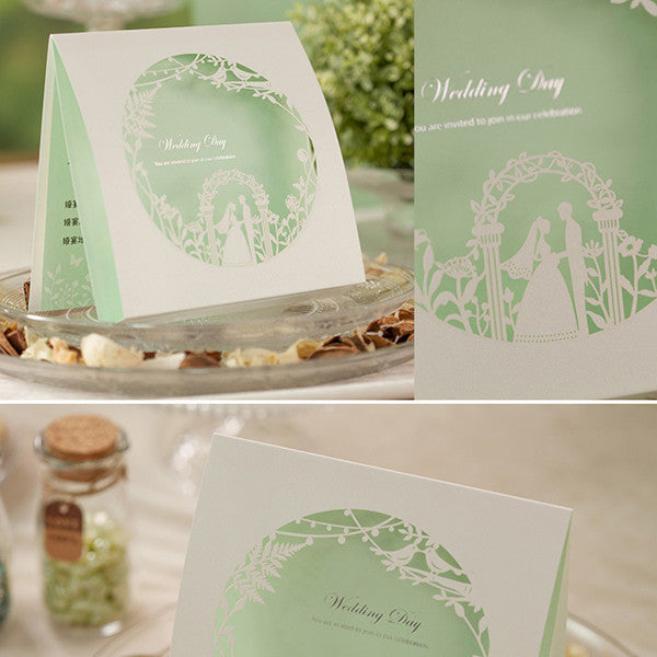 Funny white and mint laser cut wedding invitations with love brids LC023_6
