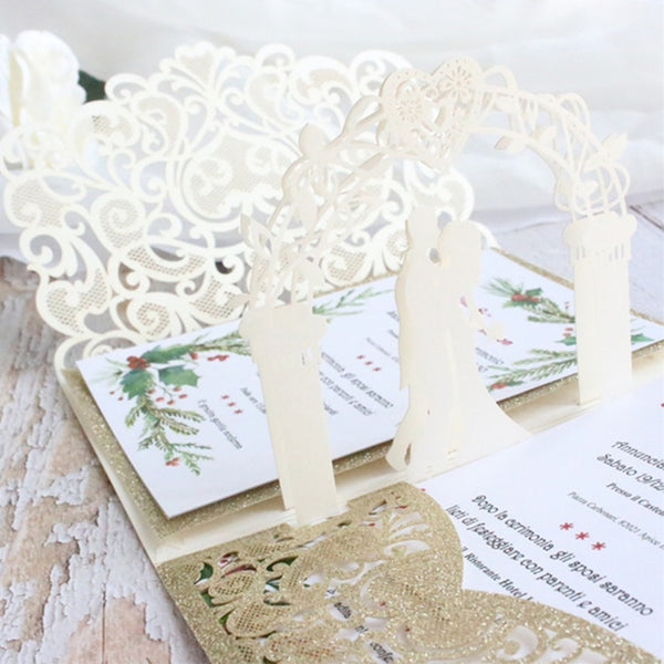 Glittery gold silver pop up laser cut wedding invitation card (3)