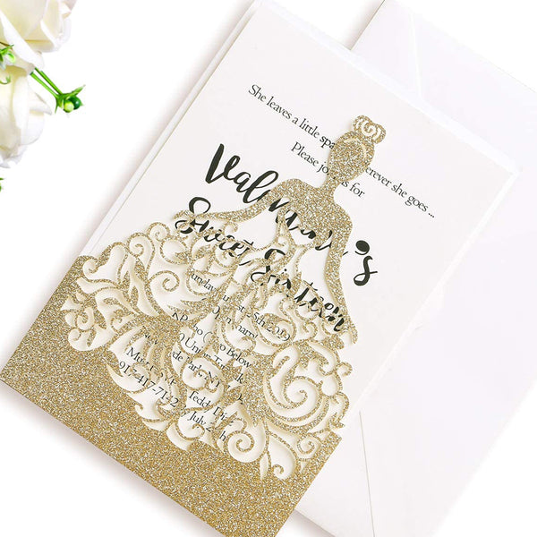 Gold Glitter Laser Cut Crown Wedding Invitations Cards For Birthday Sweet 15 (3)