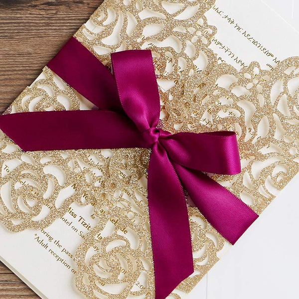 Gold Glitter Laser Cut Hollow Rose With Burgundy Ribbon Glitter Wedding Invitation Card (1)