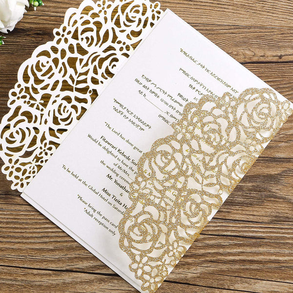 Gold Glitter Laser Cut Hollow Rose With Burgundy Ribbon Glitter Wedding Invitation Card (3)