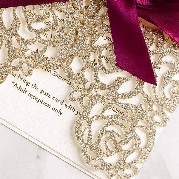Gold Glitter Laser Cut Hollow Rose With Burgundy Ribbon Glitter Wedding Invitation Card (4)
